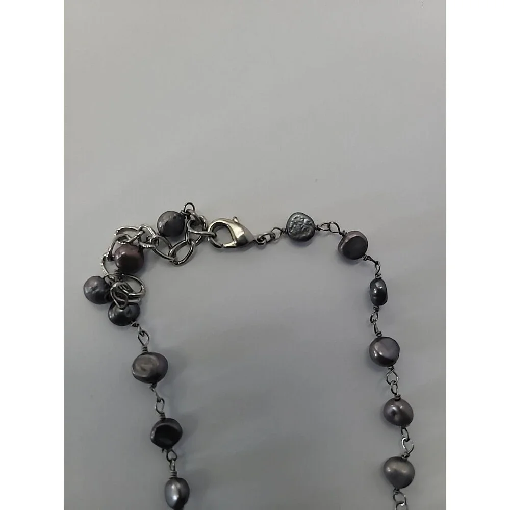 Vintage Silver Tone Beaded Necklace Gray Oval Natural Stone Pendant Boho Artisan - Picture 8 of 11